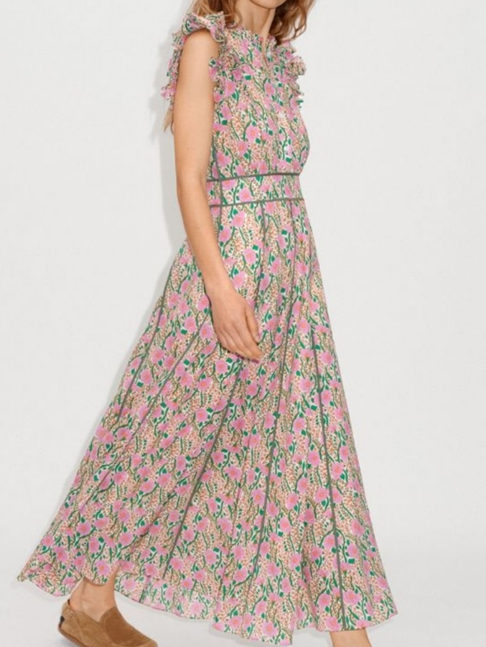 ME+EM English Garden  Pink Floral Ruffle Maxi Dress with  Trim Size 10